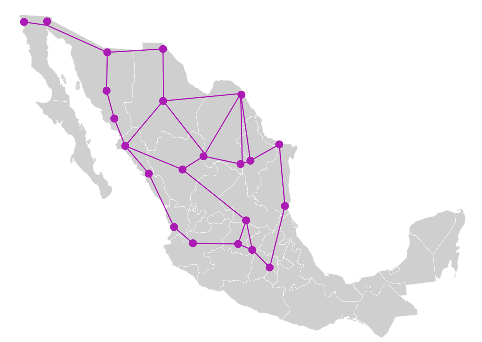 Mapa de la República Mexicana con la red de rutas de Chumti Transportes desde Tijuana hasta la Ciudad de México